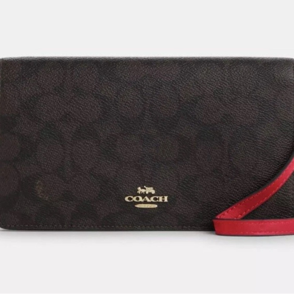 Coach Anna Foldover Clutch Crossbody Bag In Signature Canvas Gold/Walnut/Red